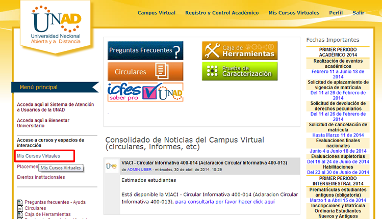 Imagen de la pantalla que representa el acceso al menú principal de Campus Virtual