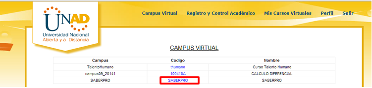 Impresión de pantalla de ejemplo de los cursos publicados en la sesión de campus virtual